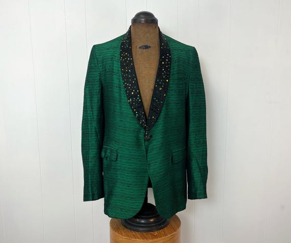 1970s Emerald Green Rhinestone Black Striped Ring Master Circus Theatre Mens Blazer Jacket