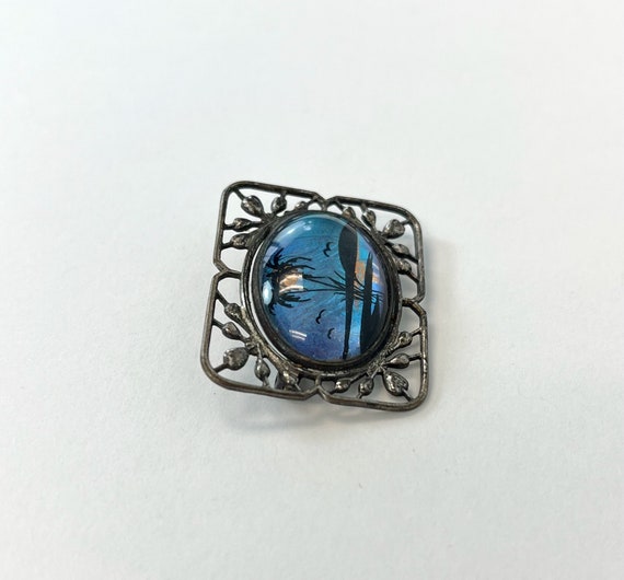 1940s Butterfly Wing Palm Tree Sunset Blue Brooch… - image 5