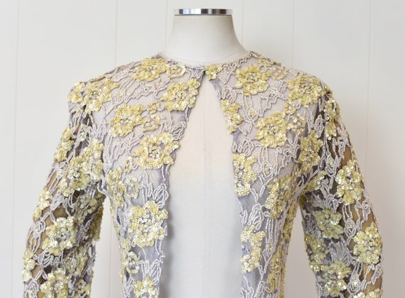 1960s Lavender Floral Lace Yellow Sequin Beaded F… - image 2