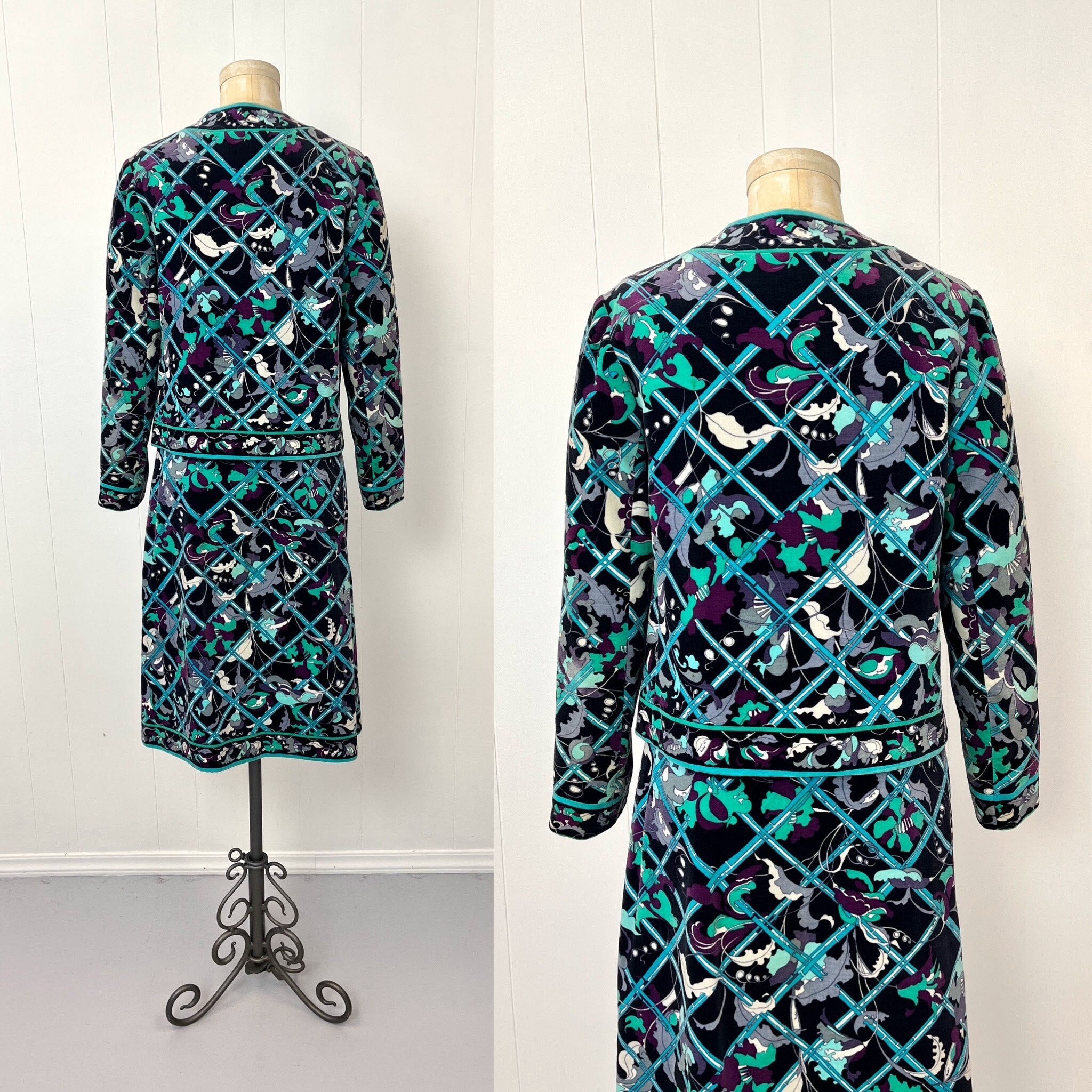 1970s Emilio Pucci Velvet Green Blue Floral Print Two Piece Skirt