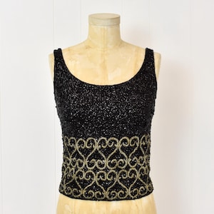 1950s/1960s Gene Shelly Black Gold Sequin Beaded Wool Angora Sleeveless Blouse Top