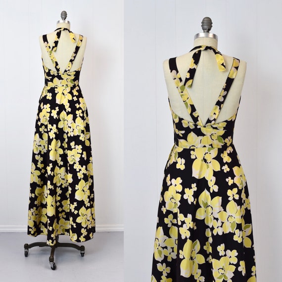 1940s Yellow Floral Black Halter Tie Gown Maxi Dr… - image 5