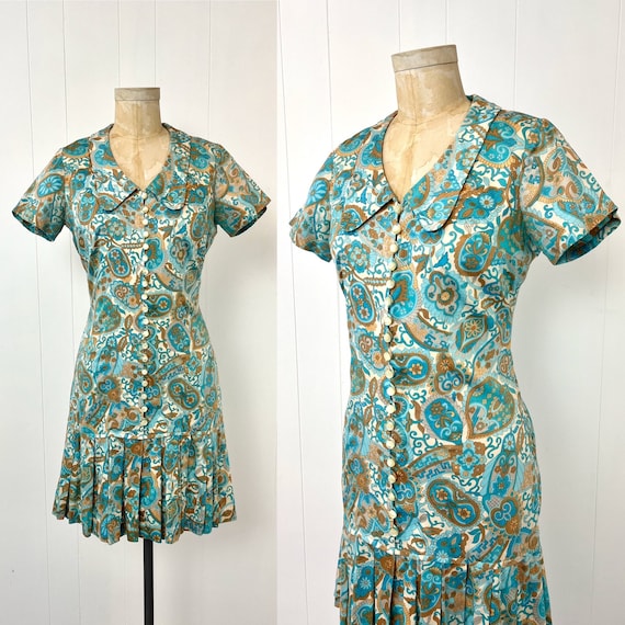 1960s Floral Paisley Blue Brown Pleated Mod Scoot… - image 1
