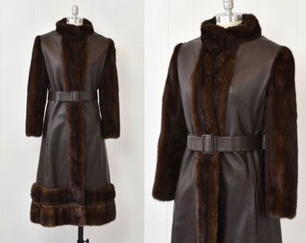 RARE 1960s Oscar de la Renta Brown Leather Mink Fur Trim Winter Coat Jacket