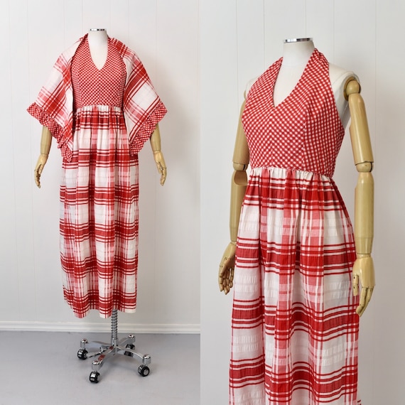 1970s Gingham Plaid Red & White Halter Dress With Matching Wrap Shawl