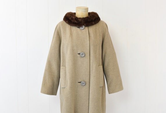 1960s Taupe Brown Mink Fur Collar Wool Einiger Winter Coat