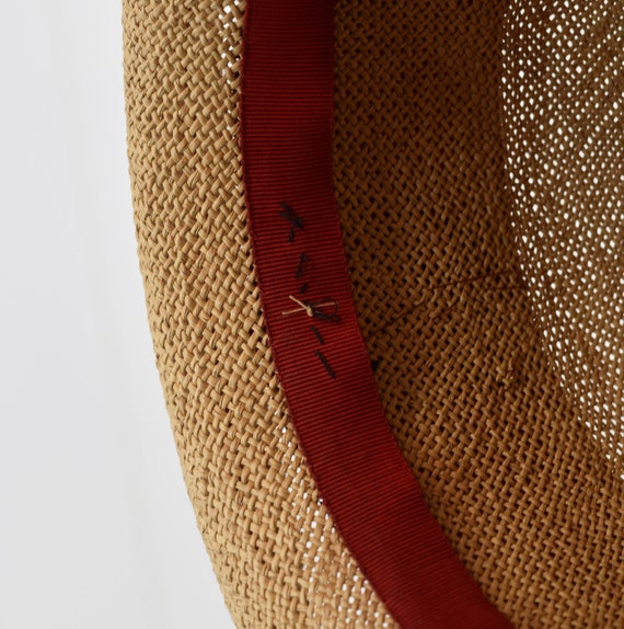 1950s Hattie Carnegie Straw Sun Hat with Red Ribbon Gem