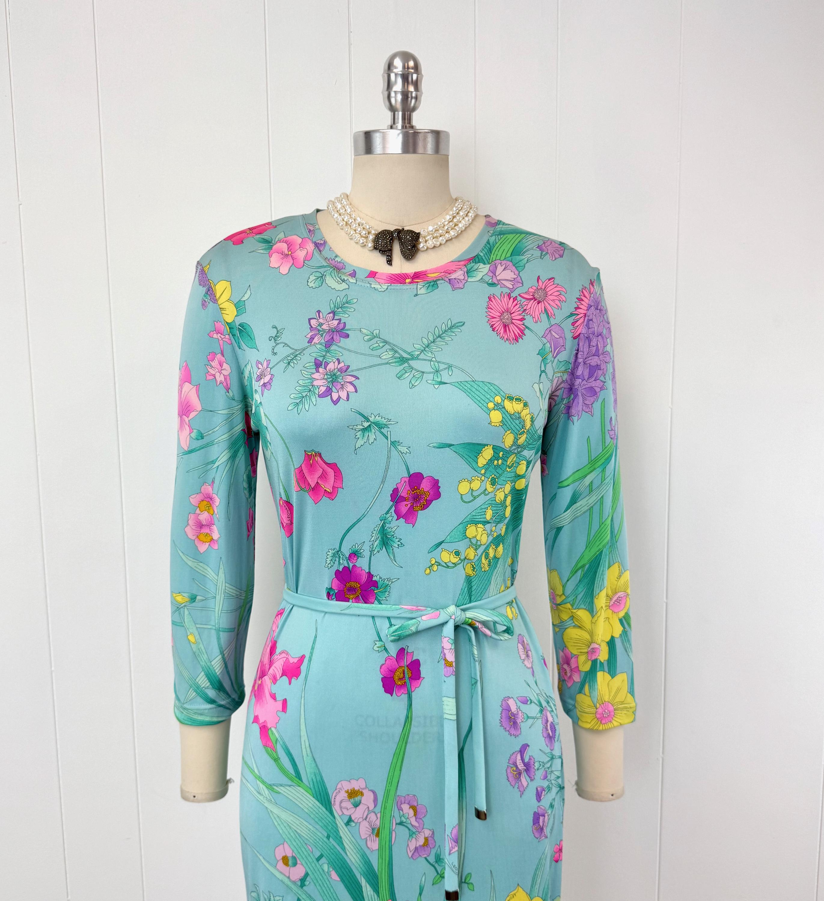 Vintage Leonard Paris Blue Floral Berry Fruit Novelty Print Silk