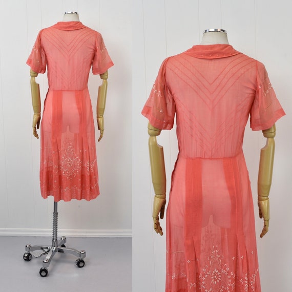 1920s/1930s Embroidered Coral Sheer Cotton Hungar… - image 6