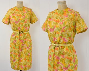 1960s Yellow Orange Floral Miss Endrea Dallas Summer Day Dress with Belt