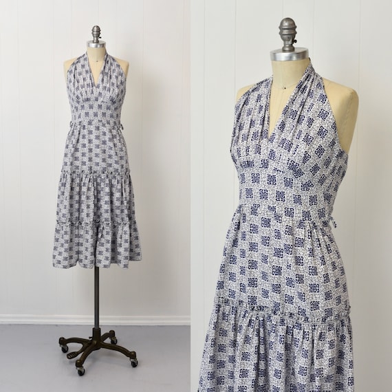 1950s Blue & White Halter Pinup Petite Day Dress - image 1