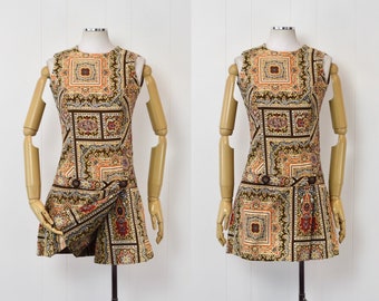 1960s Paisley Ethnic Print Romper Jumpsuit Skort Dress