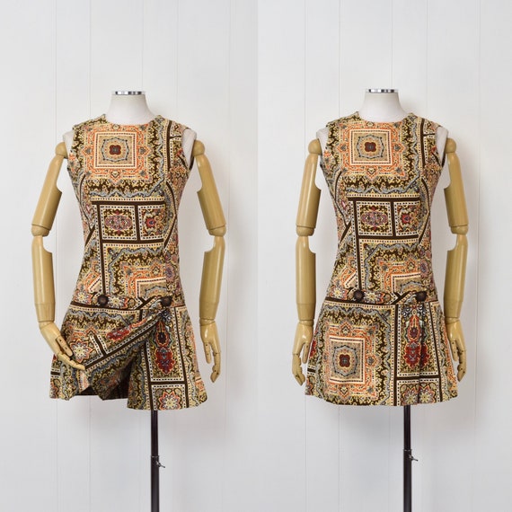 1960s Paisley Ethnic Print Romper Jumpsuit Skort … - image 1