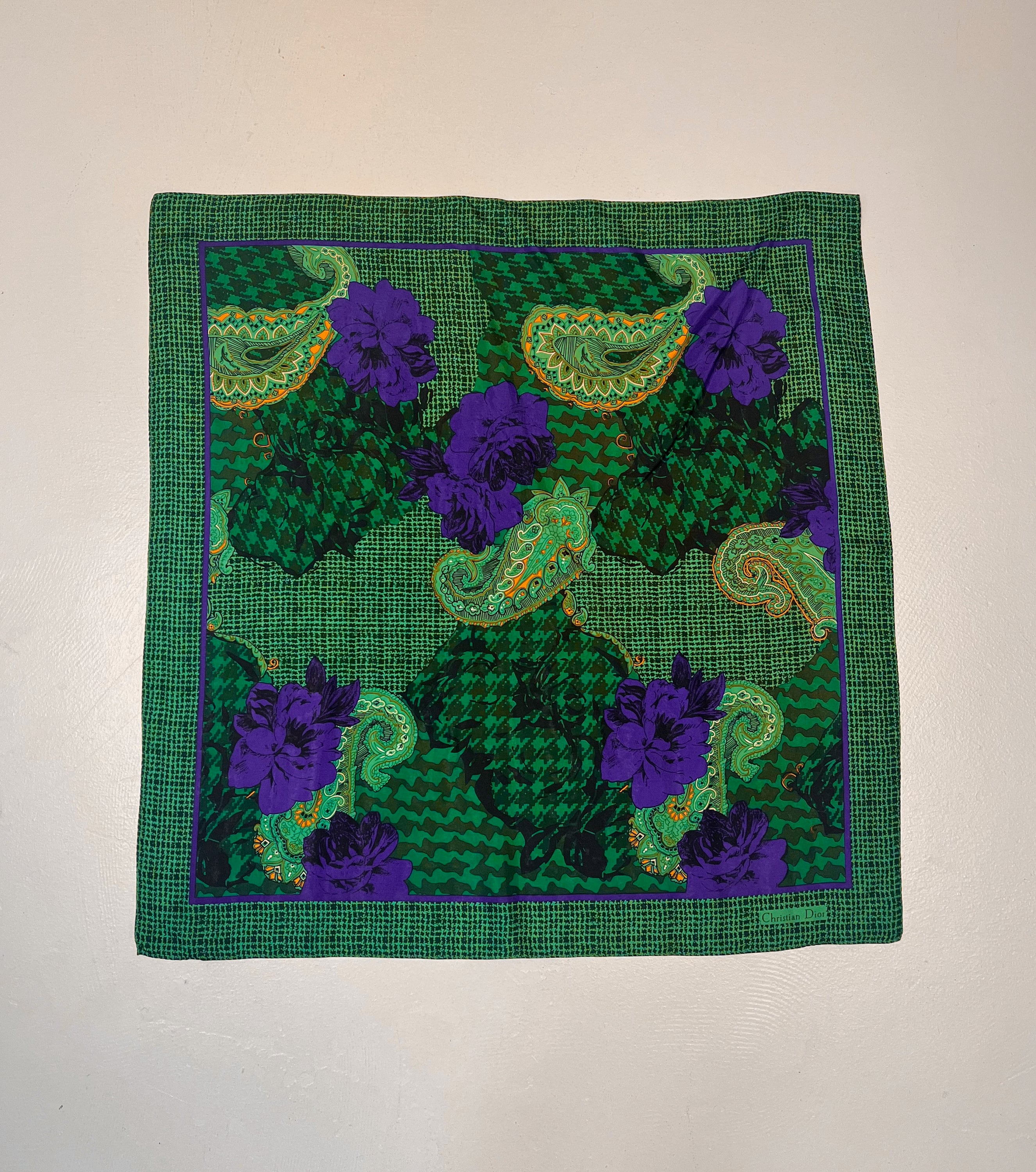 Vintage Christian Dior Green Purple Rose Floral Paisley Silk