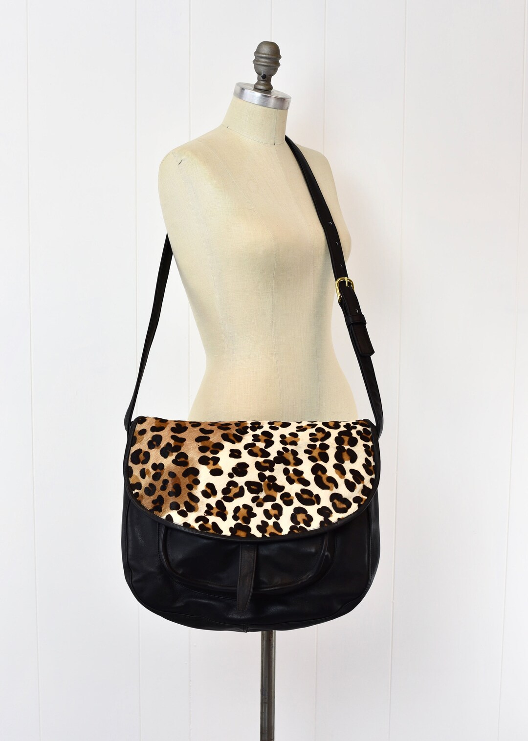 1980s Leopard Print Pony Hair Black Leather Tony Bryant Crossbody