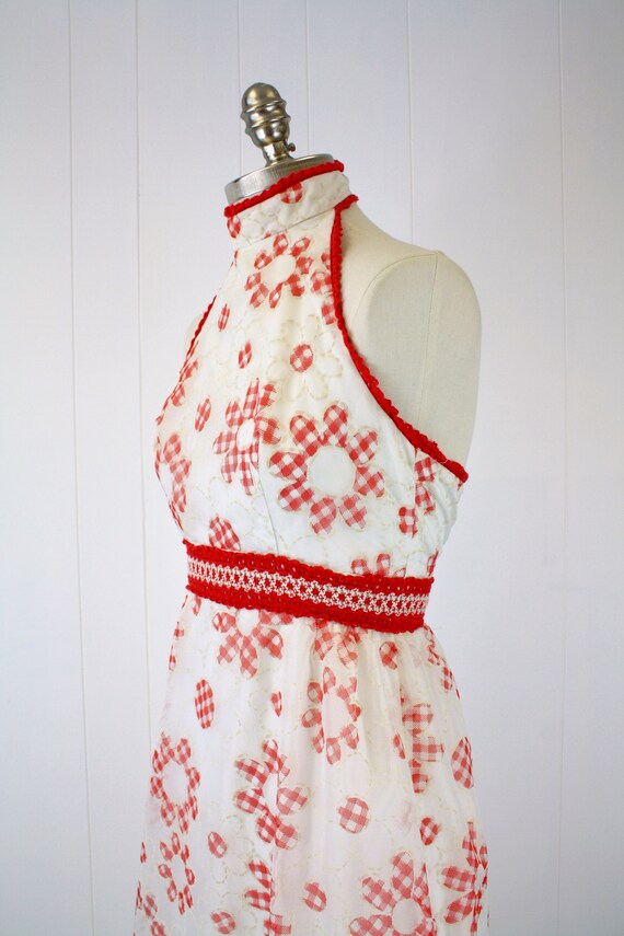 1960s Red Daisy Gingham Halter Maxi Dress Gem