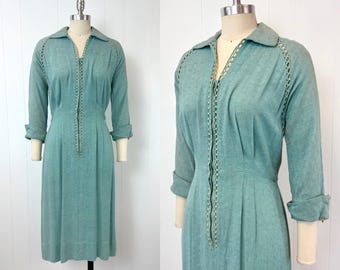 1950s Robins Egg Blue Linen Cut Out Front Zip Paul Sachs Original Dress As Is