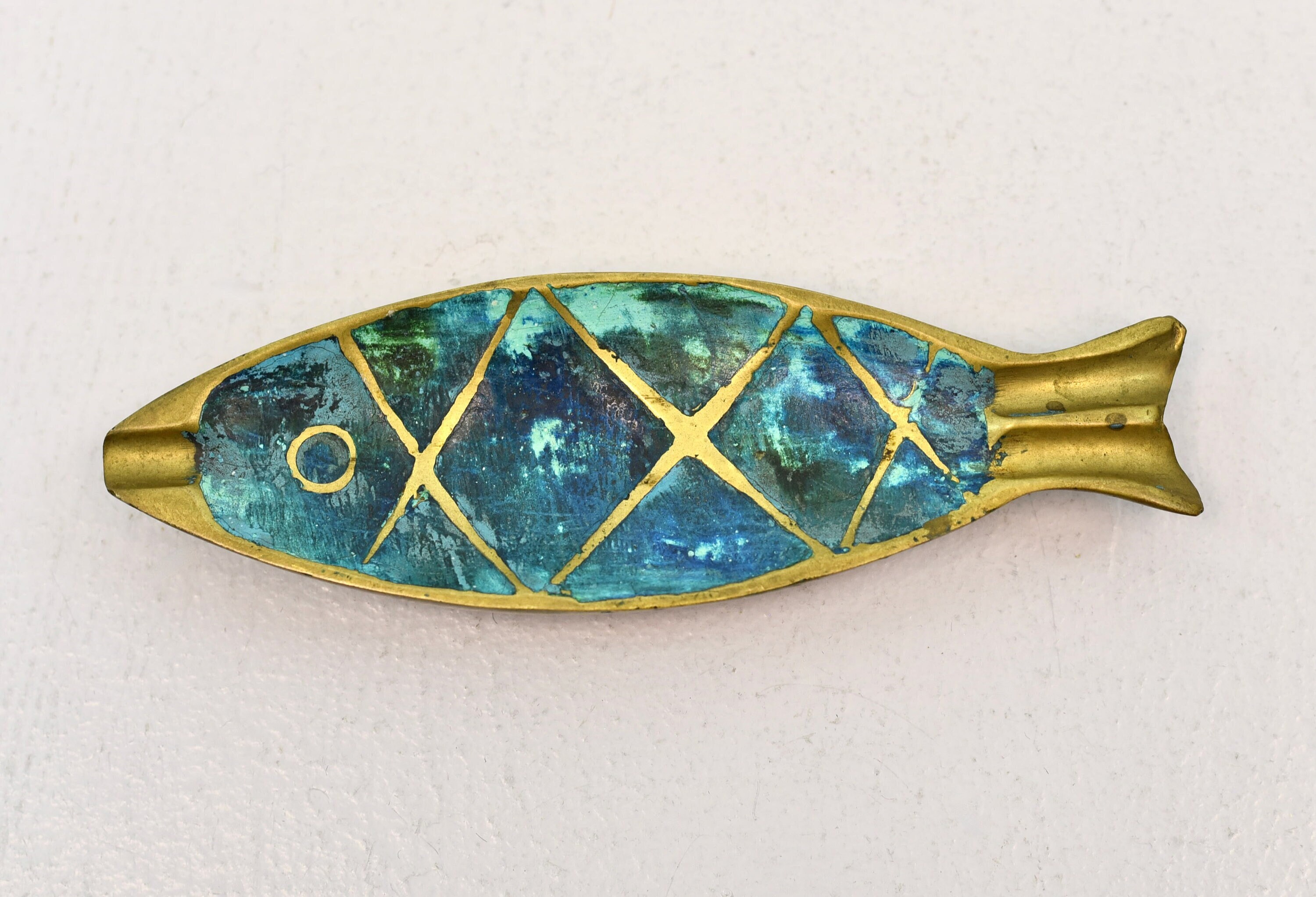 RARE 1958 Pepe Mendoza Brass Turquoise Ceramic Inlay Fish Aquatic
