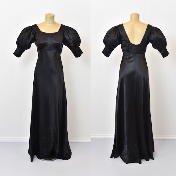 1930s/1940s Black Satin Puff Sleeve Gown - image 1
