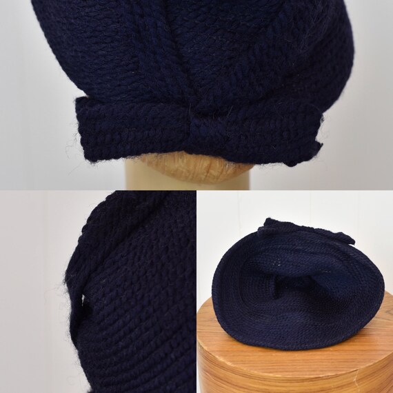 1950s/1960s Navy Blue Wool Bow Cap Hat - image 10