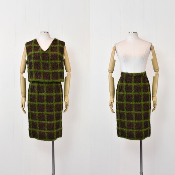 1960s Green Plaid Checkered Blouse & Skirt Two Pi… - image 1