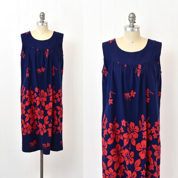 1960s/1970s Ui-Maikai Blue Red Floral Hibiscus Ha… - image 3