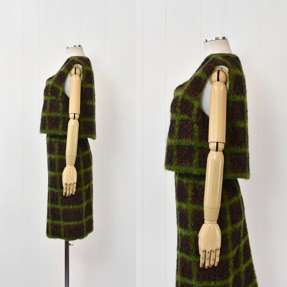 1960s Green Plaid Checkered Blouse & Skirt Two Pi… - image 5