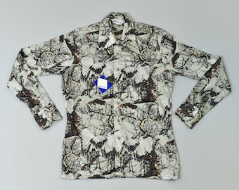 NOS 1970s Burma Crane Bird Floral Novelty Print Nylon Long Sleeve Disco Button Down Shirt