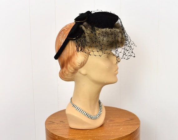 1940s Black Veiled Fur Sequin Bow Top Hat Fascina… - image 9