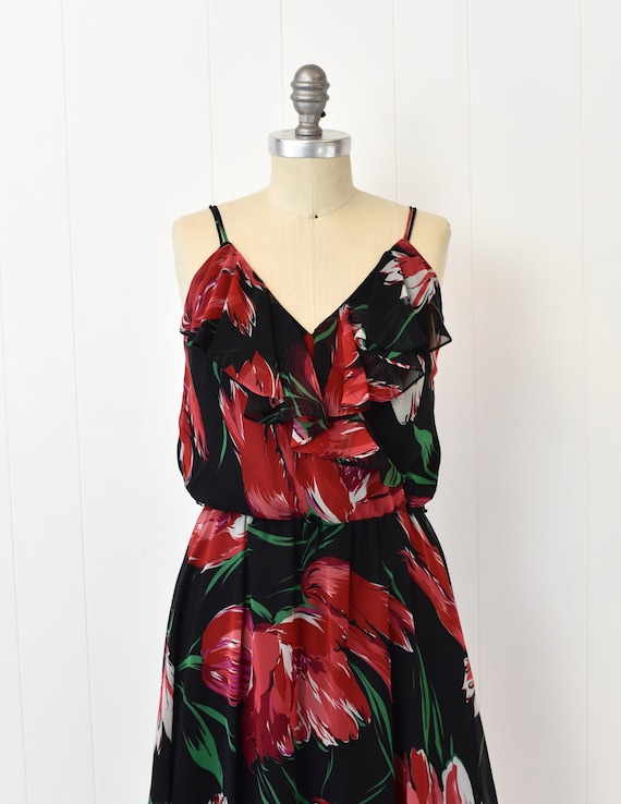 1970s Poppy Floral Chiffon Red Black Ursula of Sw… - image 2