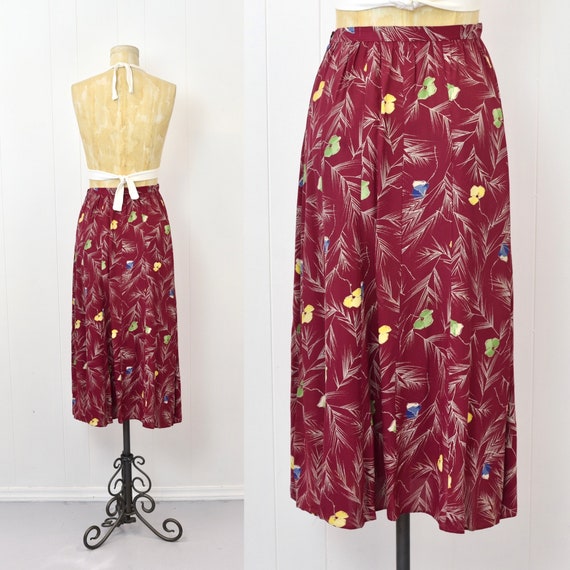1940s Floral Print Raspberry Red Pink Rayon Skirt… - image 6