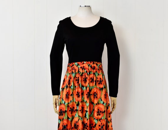 1970s Poppy Floral Orange Black Dress & Shawl Wra… - image 2
