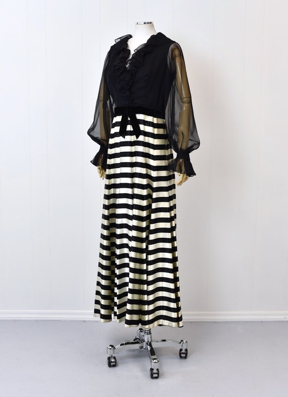 1970s Black & White Striped Ruffled Chiffon Maxi … - image 5