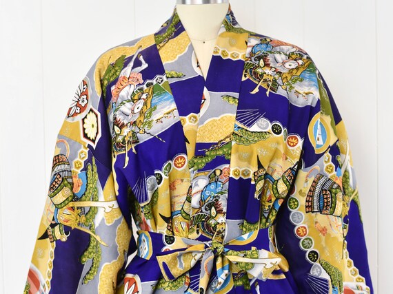 Blue Samurai Robe 1970s Blue Japanese Asian Inspired Samurai Novelty Pr… - Gem