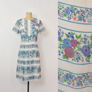 1960s Floral Garden Print Striped Blue White Cotton Westover New York Day Dress