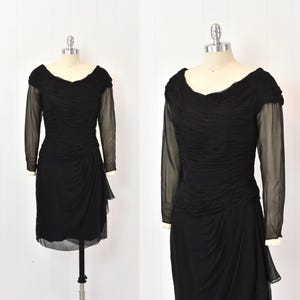 1980s/1990s Oscar de la Renta Studio Black Sheer Gathered Silk Party Cocktail Dress