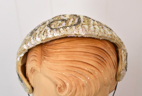 1950s Sequin Beaded Bridal Wedding Skull Cap Fasc… - image 3