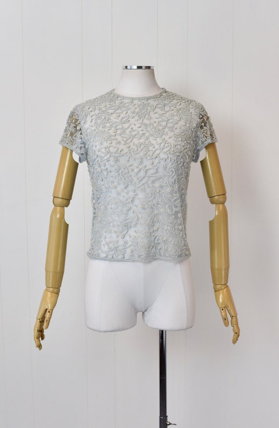 1950s Light Blue Beaded Faux Pearl Sheer Blouse - image 1