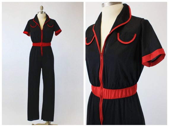1970s Black & Red Nylon Lingerie Jumpsuit