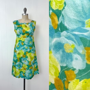 1960s Floral Print Blue Teal Green Scalloped Empire Waist Dress
