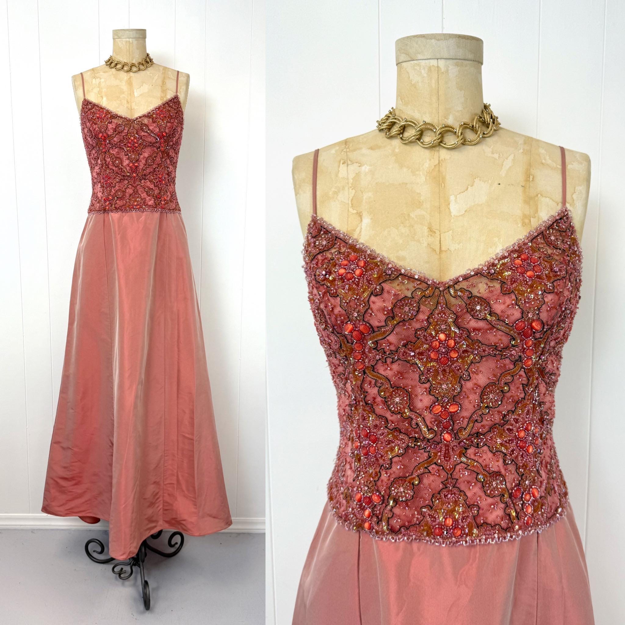badgley mischka gold and silver sequin collared dress 1990s/y2k Pink Iridescent Silk Beaded Rhinestone Party Gown Maxi cocktail maxi dress
