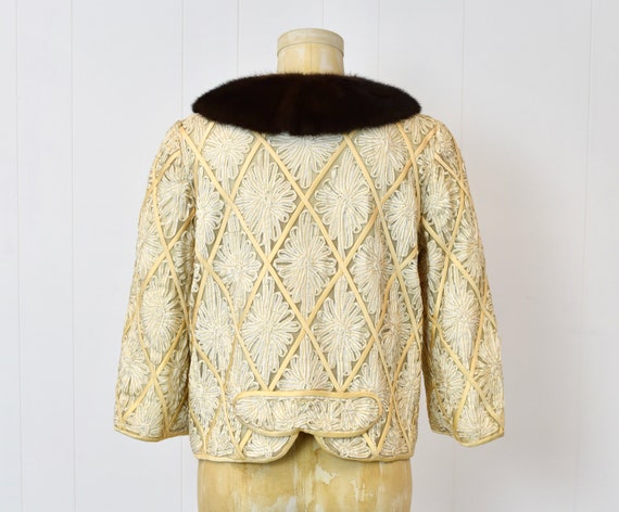 1950s Ribbon Floral Ivory Mink Fur Collar Bolero … - image 6