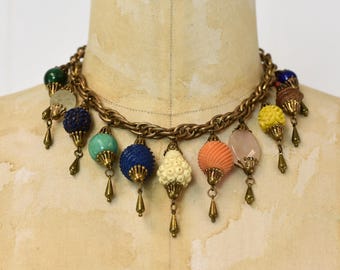 RARE 1930s Miriam Haskell Frank Hess Art Deco Celluloid Glass Wood Bead Chinese Inspired Statement Charm Necklace Jewelry
