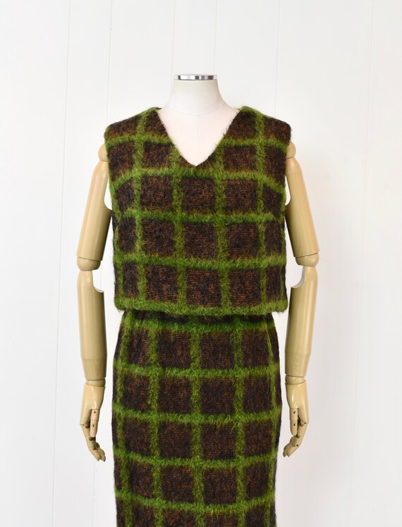 1960s Green Plaid Checkered Blouse & Skirt Two Pi… - image 2