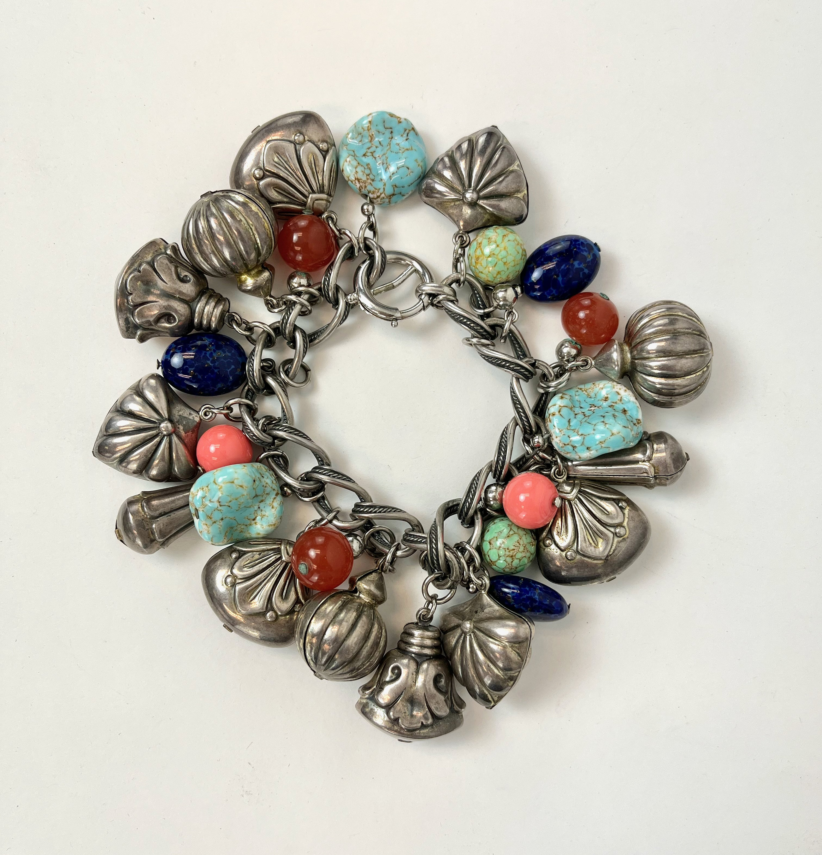 1950s/1960s Napier Sterling Silver Glass Stone Charm Bracelet