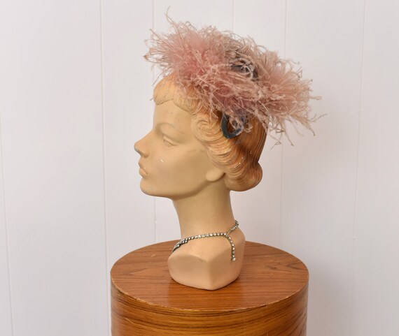 1950s Pink Ostrich Feather Ombre Puff Tulle Hat - image 5