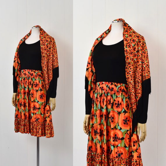 1970s Poppy Floral Orange Black Dress & Shawl Wra… - image 4
