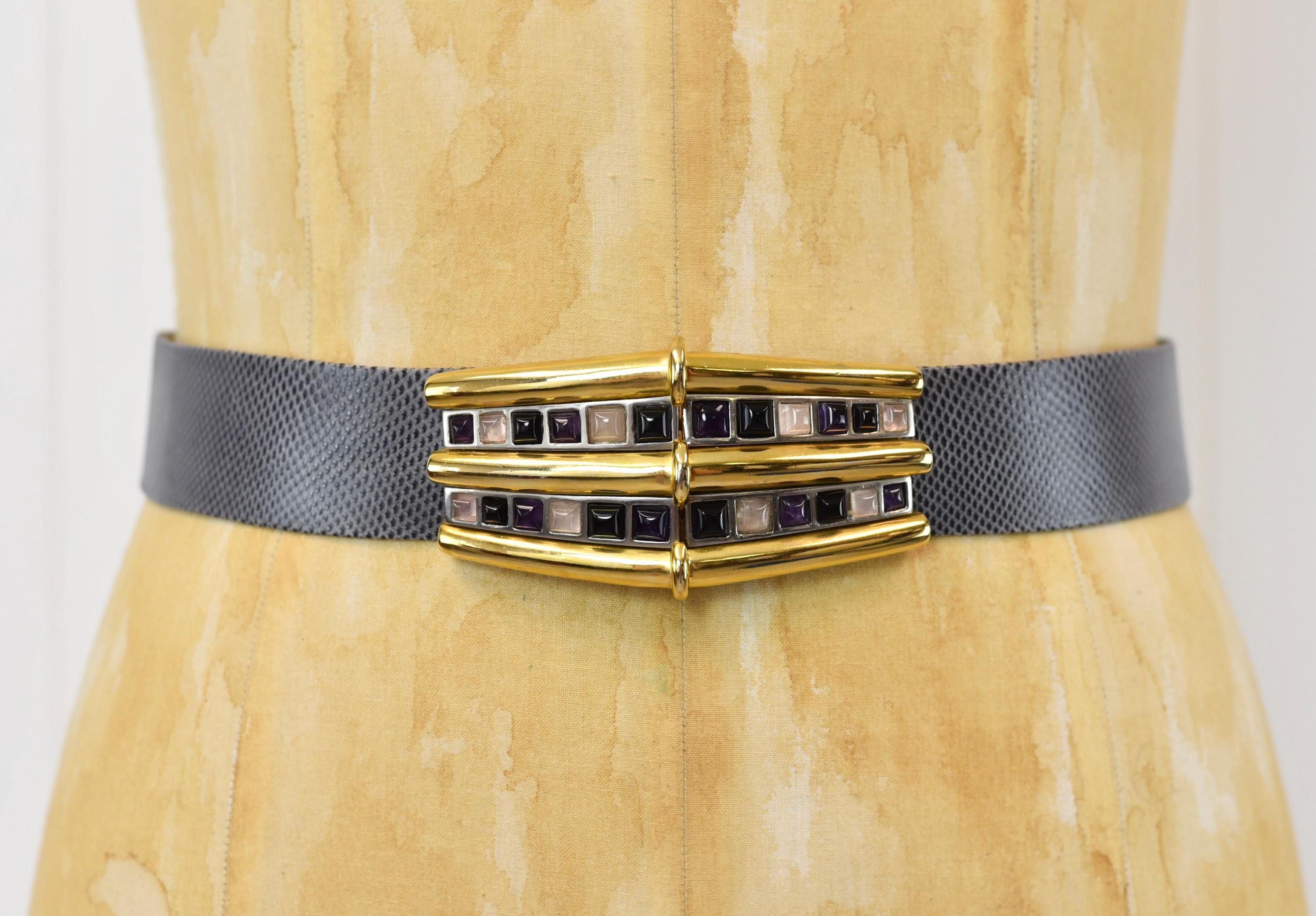 Vintage JUDITH LEIBER Black Lizard Leather Belt With Large Gold Tone Belt Buckle JUDITH LEIBER Vintage Black Lizard Belt with Large Gold Belt  main image 3