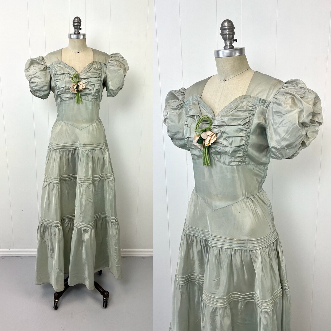 Vintage 1940s Sage Green Leather Buttons Dress | S/M
