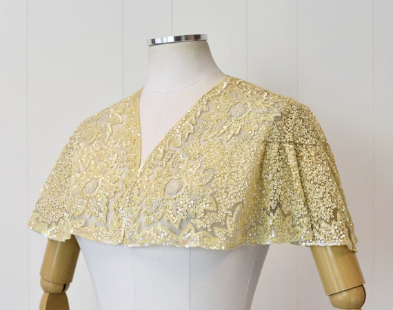 1950s/1960s Cream Yellow Floral Sequin Beaded Cap… - image 3